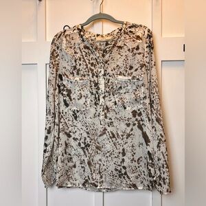 Ann Taylor Loft 1/2 Button Down Women's Medium Sheer Blouse Splatter Print Brown